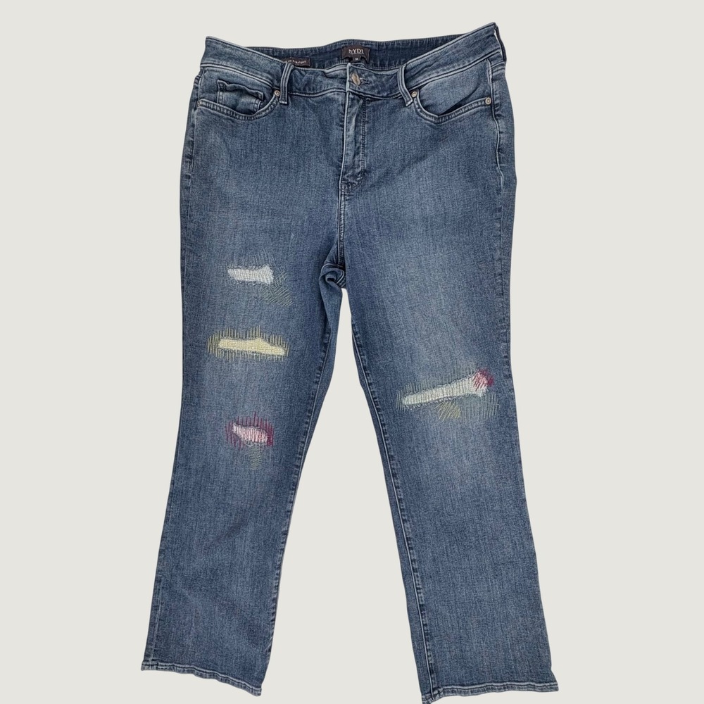 NYDJ Marilyn Straight Jeans Women 16 Blue Embroidered Distressed Coolmax Stretch